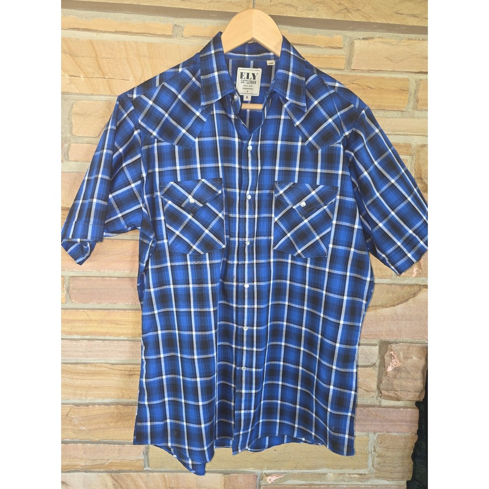 Ely Cattleman Mens Blue Plaid Pearl Snap Western Short Sleeve Shirt Size M